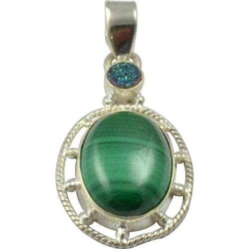 Lovegem Nature Malachite & Druzy Pendant 925 Sterling Silver, 42.7 mm, MHBAP4949