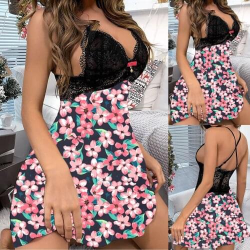 Sex Lingerie Womens Nightie Lace V neck Sexy Night Dress Flowers Print Sleepwear Spaghetti Strap Sexy Backless Nightgowns 3XL