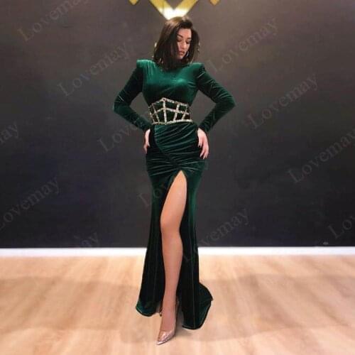 Dark Green Velvet Formal Evening Dresses Long Mermaid Evening Gowns Women High Cut Prom Dresses Party Muslim Wedding Events