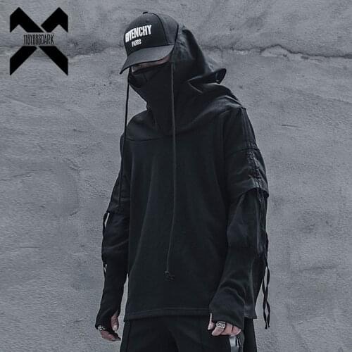 Streetwear Men Loose Hoodies Hip Hop Batwing Sleeve Wizards Pullover Fake Two Darkwear Tops Techwear Sweatshirt Black WB227