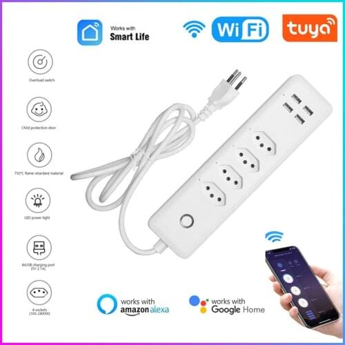 Tuya Wifi Smart Plug Brail Standard Outlets Plug With 4 USB Charging Port Smart House Power Strip Work With Alexa Google Home