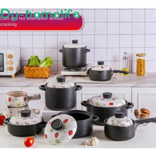 Japanese Multi-size Strawberry Pattern Ceramic Double Ear Casserole Handle Milk Pot Restaurant Kitchen Home Soup Pot Steamer