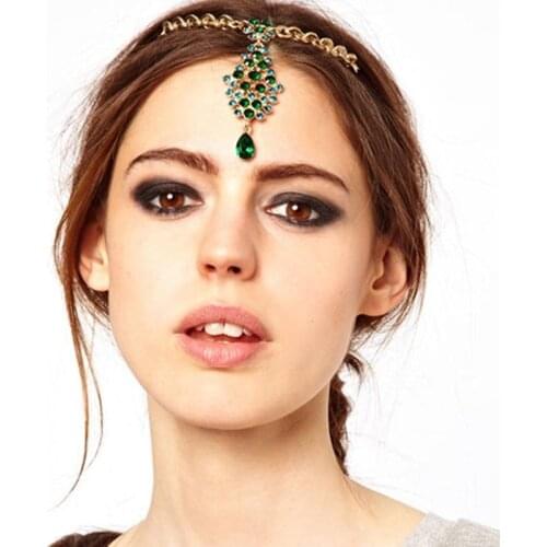 Bride Hair Pin Green Crystal Head Chain Rhinestone Wedding Pageant Headpiece Indian Forehead Hair Jewelry For Women Party
