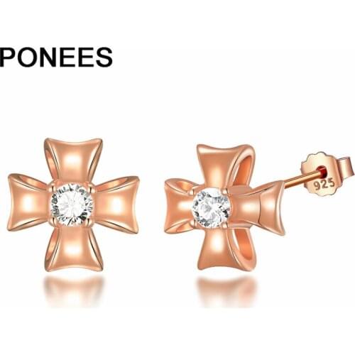 Ponees Silver Hollow Cross Stud Earrings CZ Zircon Real 925-Sterling-Silver Women Wedding Gift