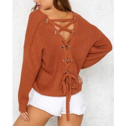4 colors V Neck Sexy Solid Criss-Cross Bandage Backless Sweater Women Jumpers Pullovers Long Sleeve Knitted Sweaters pull femme