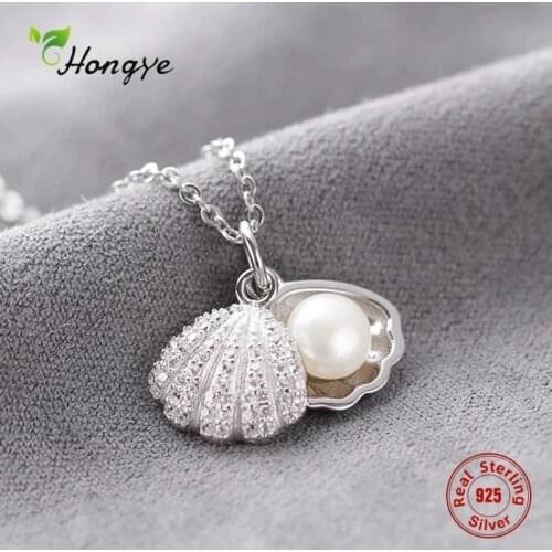 Hongye Women Real Natural Freshwater Pearl Necklace 925 Sterling Silver Pendants Shell Collar Wedding Classic Fine Jewelry