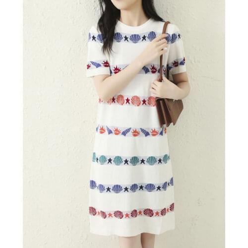 2021 New Summer Knitted Vestidos Short Sleeve Soft Comfy Knit Mini Dress Women Korean Fashion Kawaii Print Thin Sweater Dresses