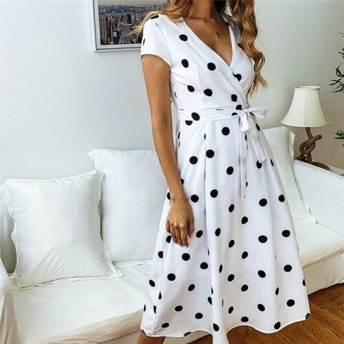 Summer Vintage Women Ladies Polka Dot Dress Fit and Flare V-Neck High Waist Party Dresses Retro High Waist Belt Women Sundress