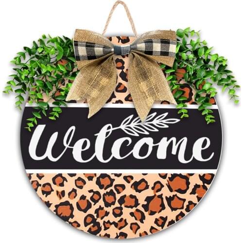 Welcome Sign For Front Door Seasonal Hanging Decoration Leopard Round Wooden Porch Decor Handmade Rustic Farmhouse Wreath Decor