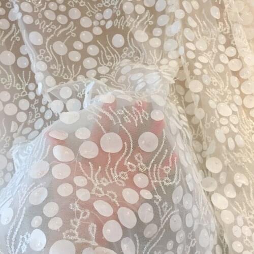 1 Yard Exquisite 3D Laser Cut Chiffon Blossom Sequin Lace Fabric, 3D Flower Bridal Gown Farbic in Champagne
