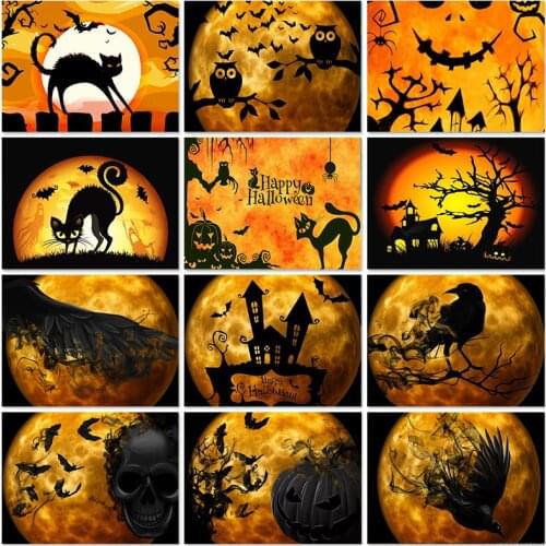 5D Diamond Painting Moon Cat Diamond Mosaic Embroidery Skull Witch Set Cartoon Halloween Landscape Cross Stitch Kits Home Decor