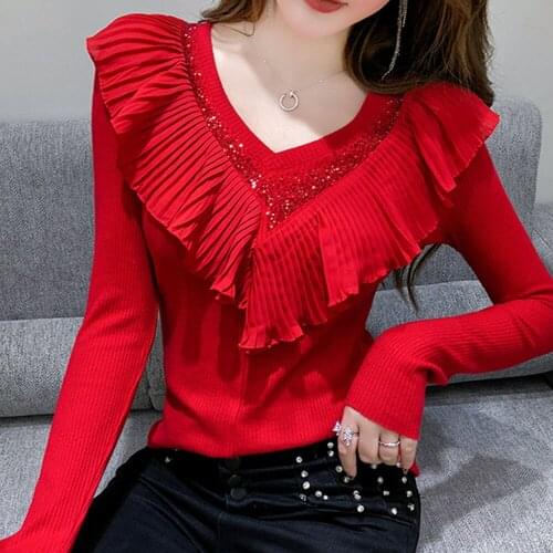 Spring Autumn Diamond V-neck Thin Knitted Tops Sexy Vintage Slim Woman Sweater Pullovers Long Sleeve Knitted Sweater Female