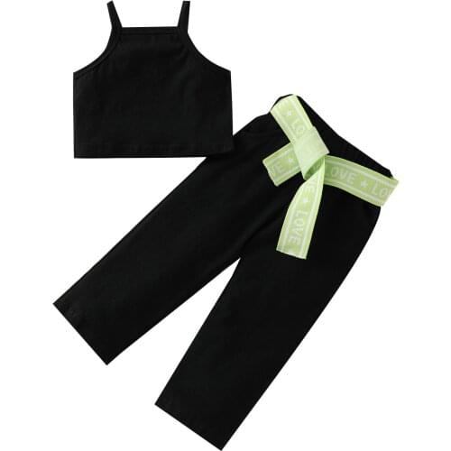 New Girls Three-piece Clothes Set, Black Solid Color Camisole, Pants and Letters Pattern Waistband