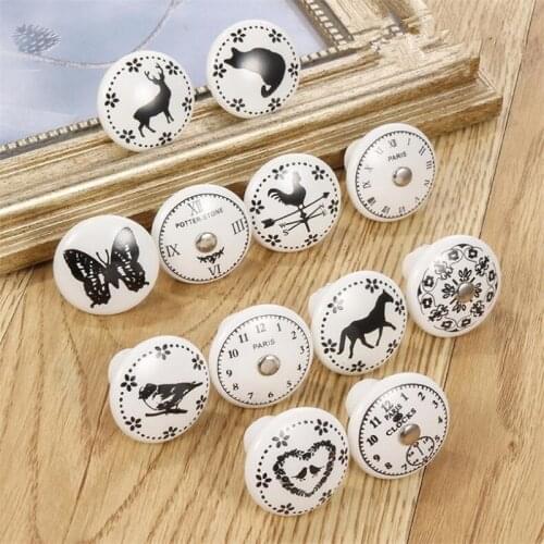 30pcs/lot Black & White Printed Decorative Round Ceramic Knob, Cabinet Hardware, Modern Wardrobe Furniture Door