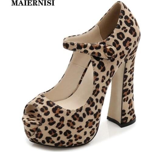 MAIERNISI Women Sexy Leopard Print Fish Toe Platform Super High Heel Plus Size 46 Buckle Sandals For Lady Nightclub Queue Shoes