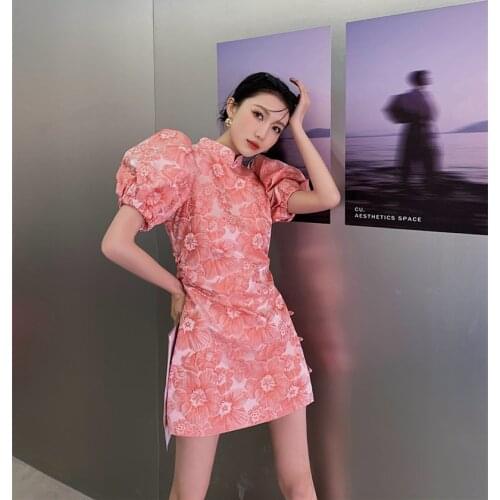 Sweet Vintage Jacquard Improved Cheongsam Dress 2021 Summer New Temperament Puff Sleeve Pink Runway Dress