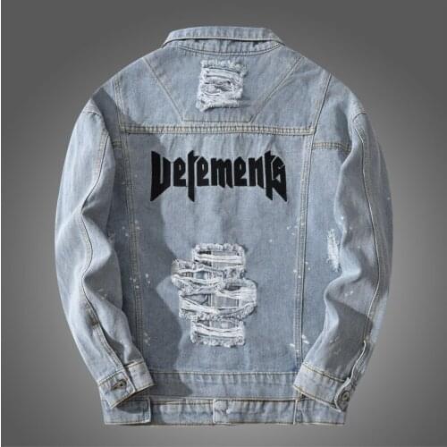 Trendy Mens Spring and Autumn New Light Blue Denim Jacket Loose Denim Jacket Letter Embroidered Jacket Hole fashion jacket 4XL