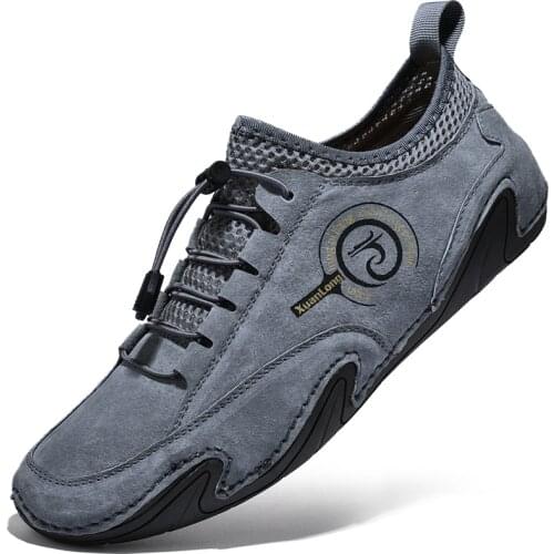 Suede Genuine Leather Mens Casual Shoes Outdoor Waterproof Mens Sneakers Non-slip Mens Driving Shoes Breathable Walking Flats