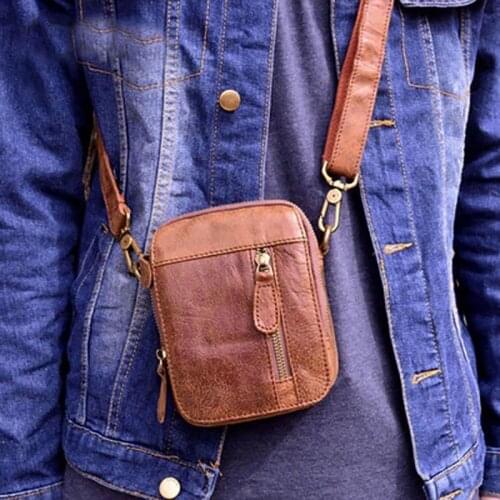 Genuine Leather Man Bag Cow Leather Mini Shoulder Crossbody Bag Soft Cowhide Small Travel Messenger Bags Phone Pouch Waist Pack