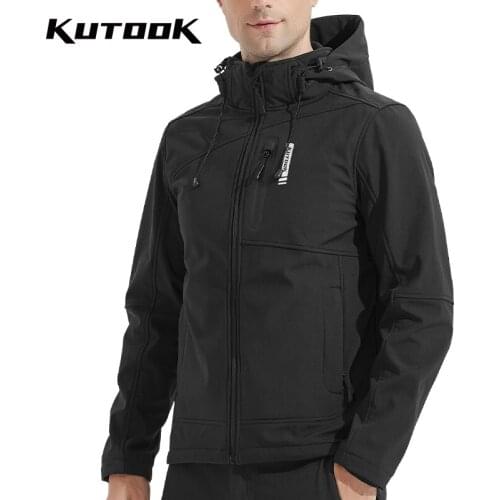 KUTOOK Soft Shell Jacket Winter Thermal Sports Jacket Fleece Hiking Cycling Climbing Windbreaker Warm Coat Detachable Hat Men
