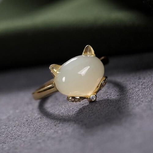 Natural 925 sterling silver gilded inlaid hetian white jade fox simple retro for women rings resizable rings