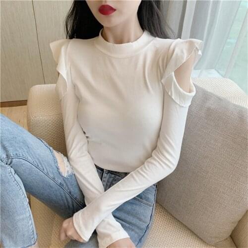 Solid Color Long Sleeve T-shirt Fall New Slim Bottomed Shirt Women Tshirt Sexy T Hollow Ruffle Off Shoulder Top Fashion Vogue