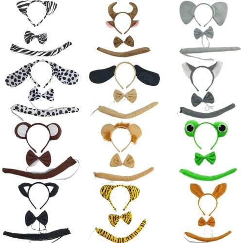 12 Pack Animal Ear Headbands Plush Tail Bow Tie Costume Set Halloween Christmas Birthday Party Zebra Lion Frog Cat Monkey Tiger