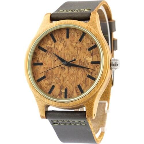 Dropshipping Engraved Groosmen Men Cork Dial Natural Bamboo Wood Watch with Brown Leather Strap Band