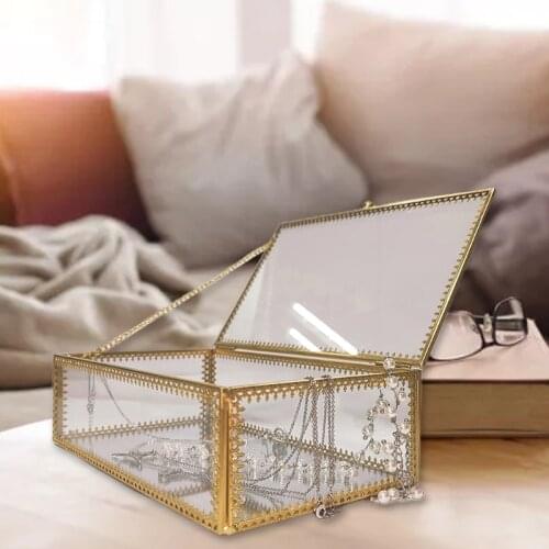 Rectangle Gold Brass Glass Ring Trinket Box Lace Edged Wedding Ring Box Clear Glass Jewelry Box Tabletop Home Organizer
