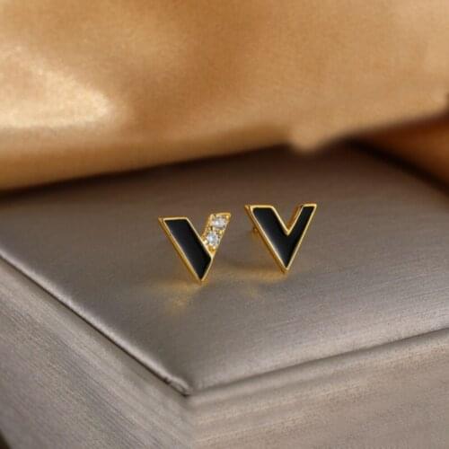 Binmonray 925 Sterling Silver Asymmetric Zircon V Letter Earrings for Women Small and Simple Black Glue Drops Ear Jewelry Gift