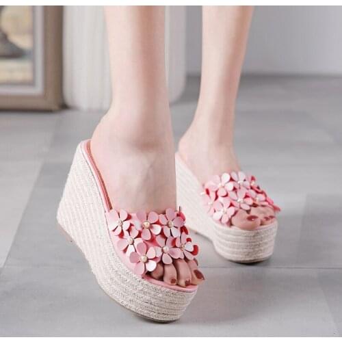 Women Summer slippers wedge shoes flip flops sandals Wedges flower shoes high heels platform shoes woman white flip flops women