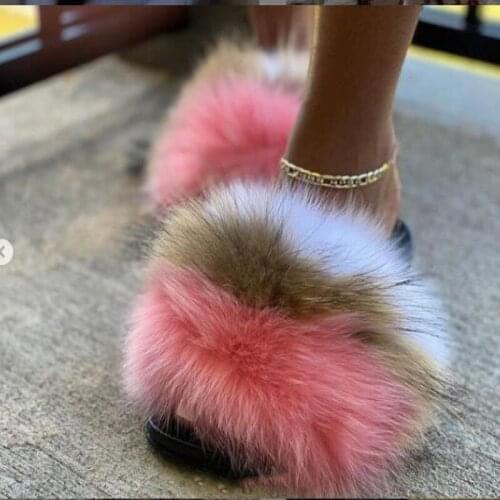 Fluffy Fur Slides Summer Flat Slides Casual Flip-flops Beach Fur Slippers For Women Plush Fuzzy Furry Designer Slippers Sandals