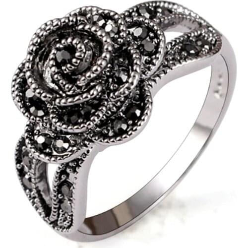 Rhinestone Black Flower Finger Ring For Women Brand Jewelry Vintage Style Size 7-9