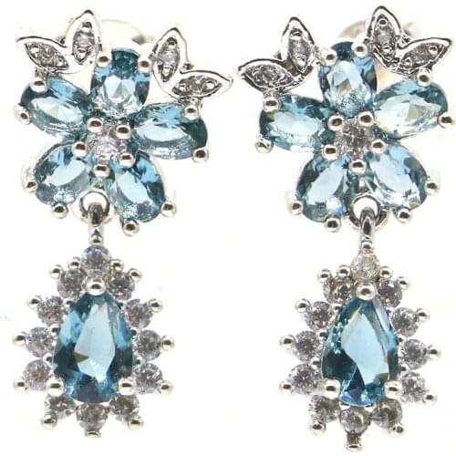 23x12mm Gorgeous Created London Blue Topaz Pink Raspberry Rhodolite Garnet CZ For Sister Silver Earrings Daily Wear Fine Jewelry