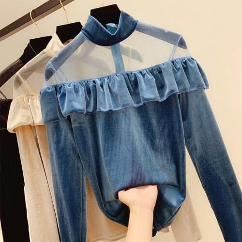 Spring Autumn Women Mesh Patchwork Velvet Shirt Female Long Sleeve Ruffle Blouse All Match Bottoming Blouses Short Tops AB1712