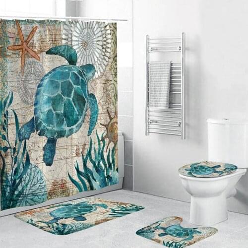 39 4 pcs Bathroom Shower Curtain Sea Turtle Printing Durable Waterproof Bath Curtain Sets Toilet Cover Mat Non-Slip Rug Set