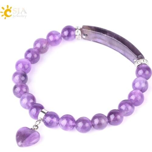 CSJA Purple Crystal Bracelet for Women Healing Bracelets Natural Stone Beaded Yoga Love Heart Shape Rectangle Charm Jewelry F561