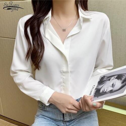 2021 Autumn Chiffon White Women Blouses and Tops Office Casual Long Sleeve Women Shirts Button Up Female Clothing Blusas 16167