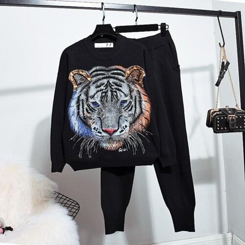 Spring Autumn 2 Piece Sets Womens Outfits Fashion Beading Tiger Loose Knitted Warm Sweater Set + Little Feet Pants Female H1607