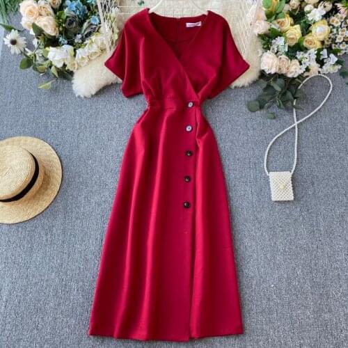 2020 AutumnWomen Brief Single Breasted Dress Office Ladies Polyester V-neck Short Sleeves Buckle Mid-calf Medium-length Dress