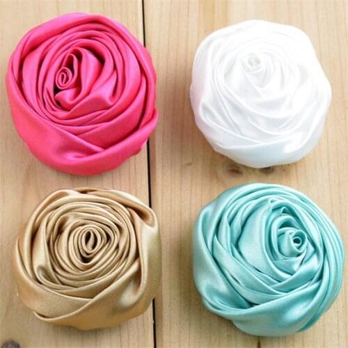 120pcs/lot 26 Color U Pick 5cm Handmade Rolled Satin Rose Fabric Flowers Flat Back DIY For Garment Hair Accessories FH44