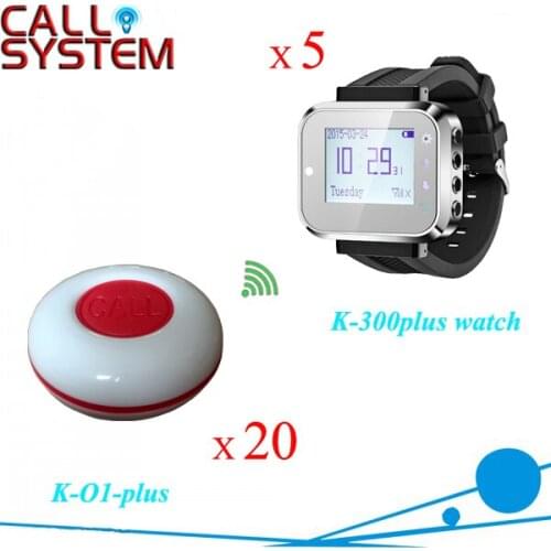 Wireless restaurant calling system 5pcs of waiter wrist watch pager W 20pcs of table buzzer for service