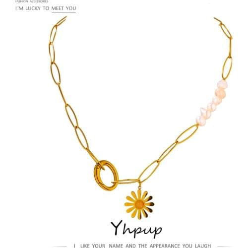 Yhpup 2021 Stainless Steel Fashion Sun Flower Pendant Chain Necklace Jewelry Elegant Natural Pearl 18 K Metal Collar Necklace