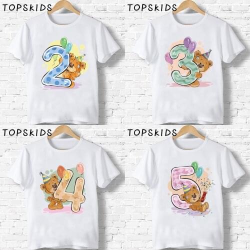 2021 Happy Birthday Bear Number 1-9 Bow Print Kids T shirt Baby Cartoon Winnie Funny T-shirt Boys Girls Present Clothes,HKP5237