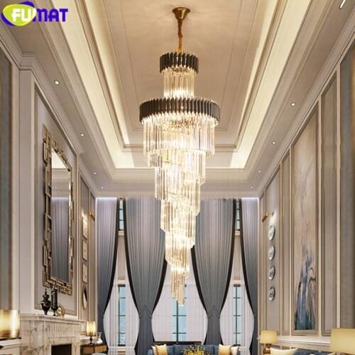 FUMAT Crystal Pendant Lamps Stairway Hanging Fixture Chandelier LED Plated Gold Black Frame Palace Home Decor Duplex Villa Light