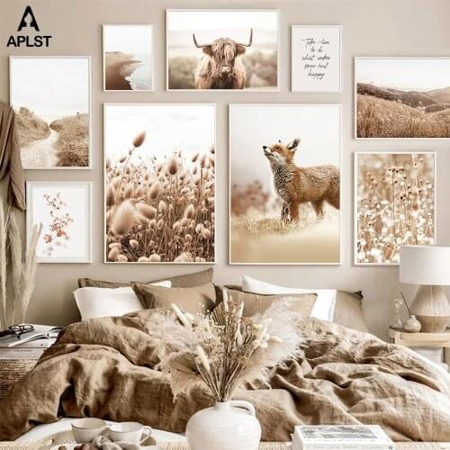 Wild Plant Reed Daisy Flower Picture Fox Yak Canvas Painting Prints Autumn Season Beach Nordic Poster Home Decor Wall Art