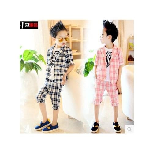 2017 Summer Children Suit Baby Boys Suits Kids Blazer For Wedding Boys Clothes Set Short Sleeve Jackets Blazer+Pants 2pcs 5-14Y