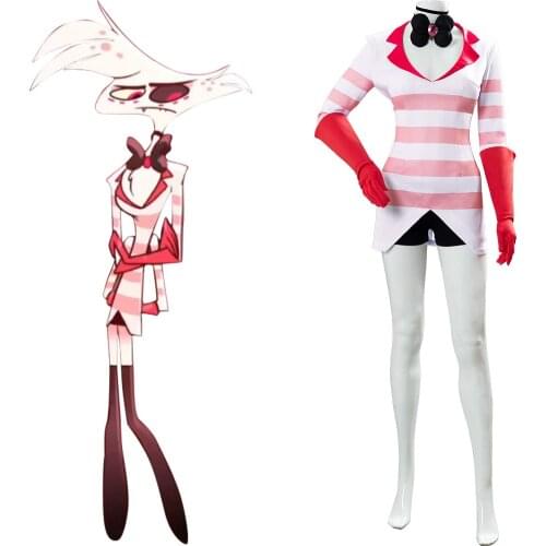 Dust Angel Uniform Costume Pink White Stripe Shirt Women Girls Halloween Carnival Costumes