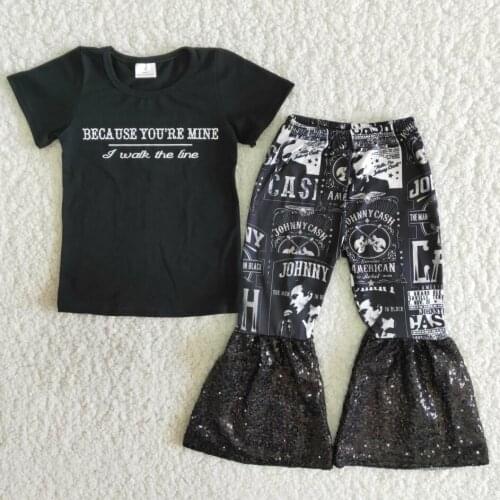 RTS Baby Girls boutique outfits clothing sets short sleeve tee shirt top bell bottom pants wholesale spring sequin ruffle design