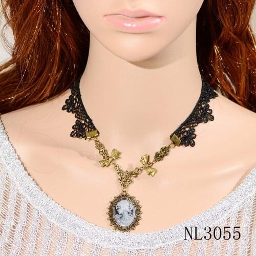 Fashion New Black Lace Vintage Alloy Metal Portrait Pendant Bowknot Charm Gothic Choker Collar Necklace for Women